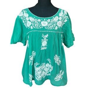 Siren Green Embroidered Boho Blouse Floral Peasant Top xx